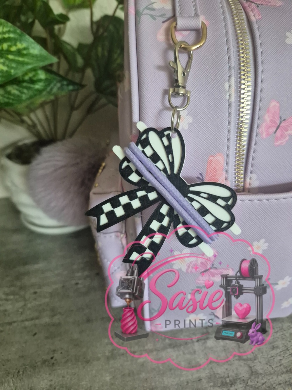Checkered Bow Hair Tie Holder Keychain